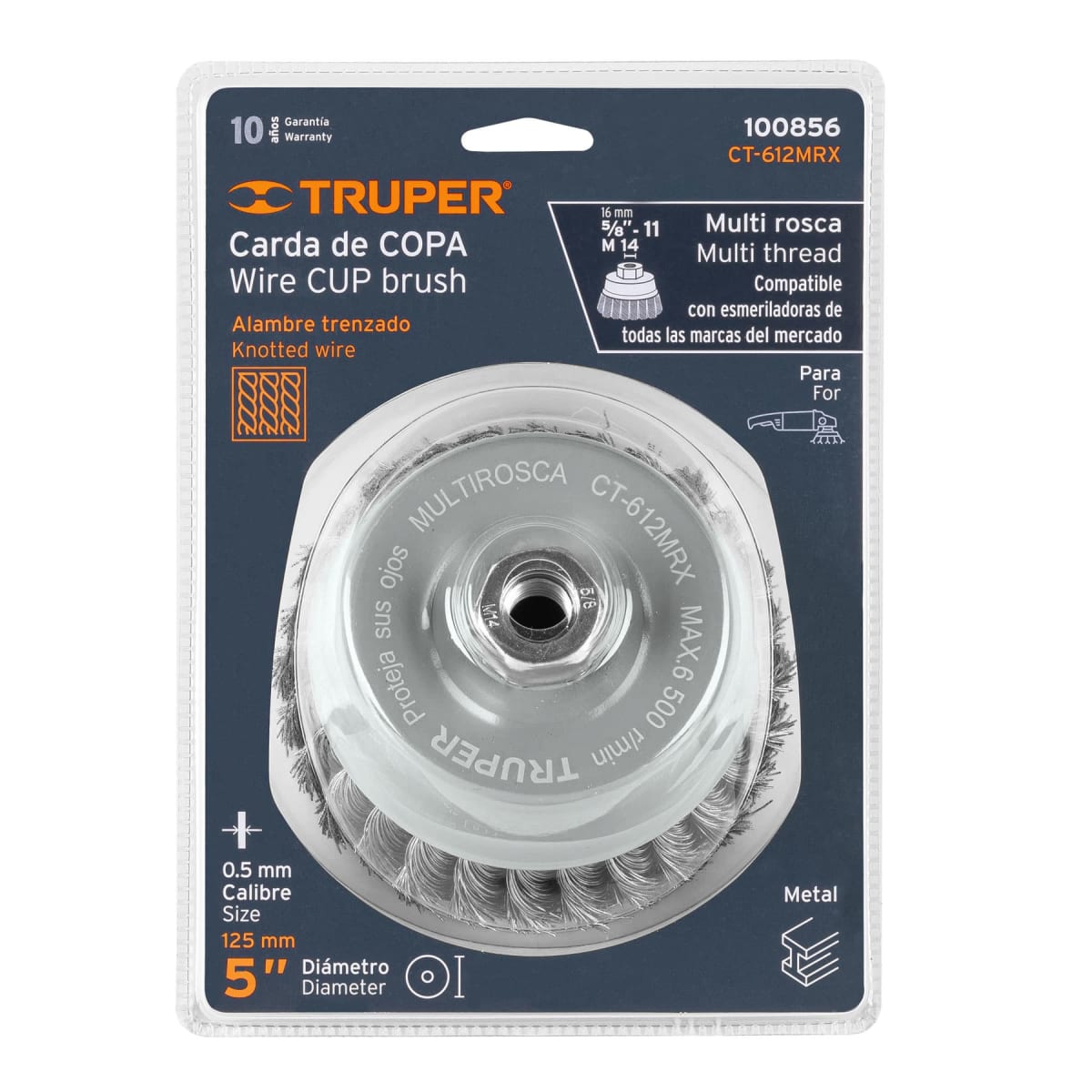 Escobilla tipo copa 5´´ alambre trenzado grueso, Multi-rosca, Truper4
