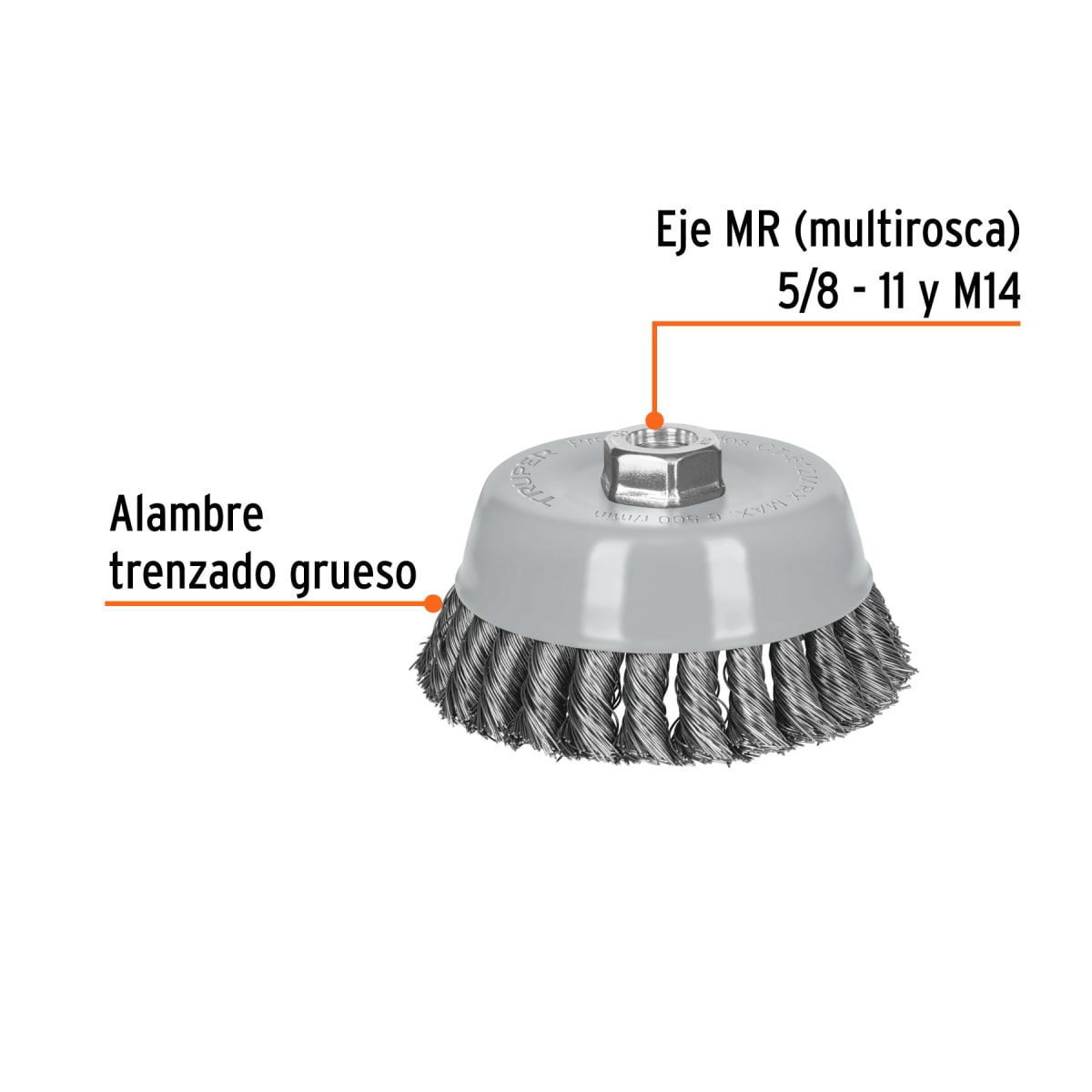 Escobilla tipo copa 5´´ alambre trenzado grueso, Multi-rosca, Truper2