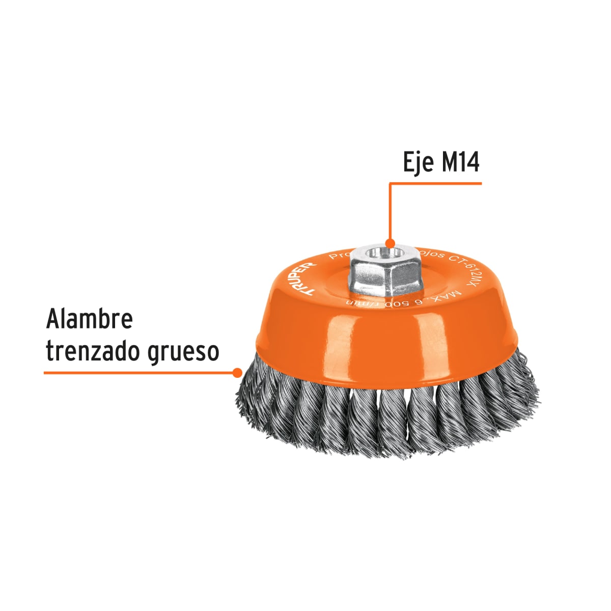 Escobilla tipo copa 5'' alambre trenzado grueso eje m14 Truper2
