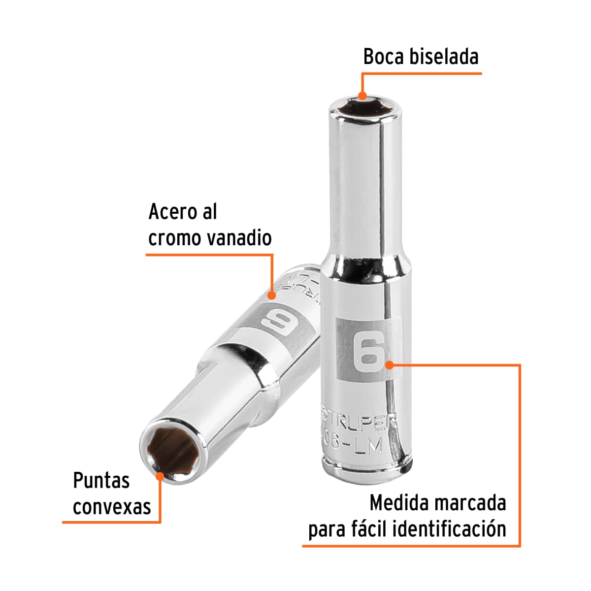 Dado tubular hexagonal encastre 1/4´´ de 6 mm, Truper2