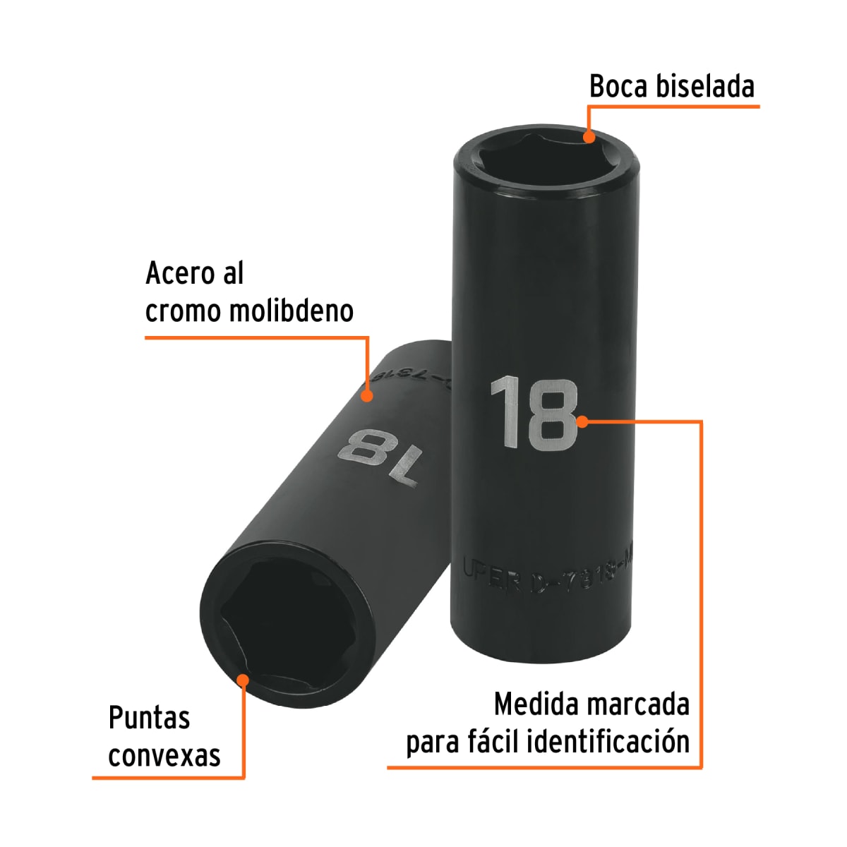 Dado tubular hexagonal encastre 1/2´´ de impacto de 18 mm, Truper2