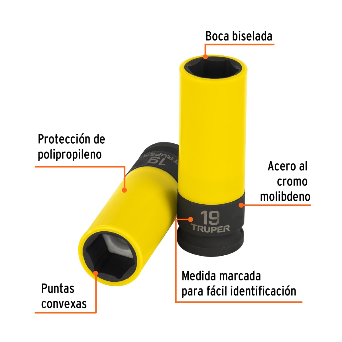 Dado largo impacto, 19mm, 6 p, protec plástica, cuadro 1/2´´ Truper2