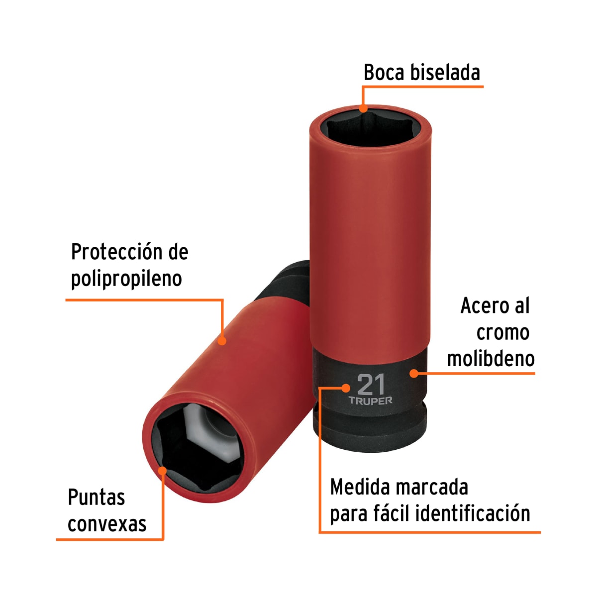 Dado largo impacto, 21mm, 6 p, protec plástica, cuadro 1/2´´ Truper2