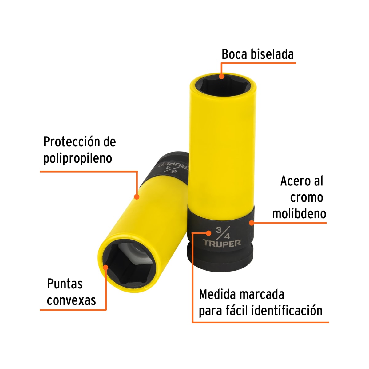Dado largo impacto, 3/4´´, 6 p, protec plástica, cuadro 1/2´´ Truper2