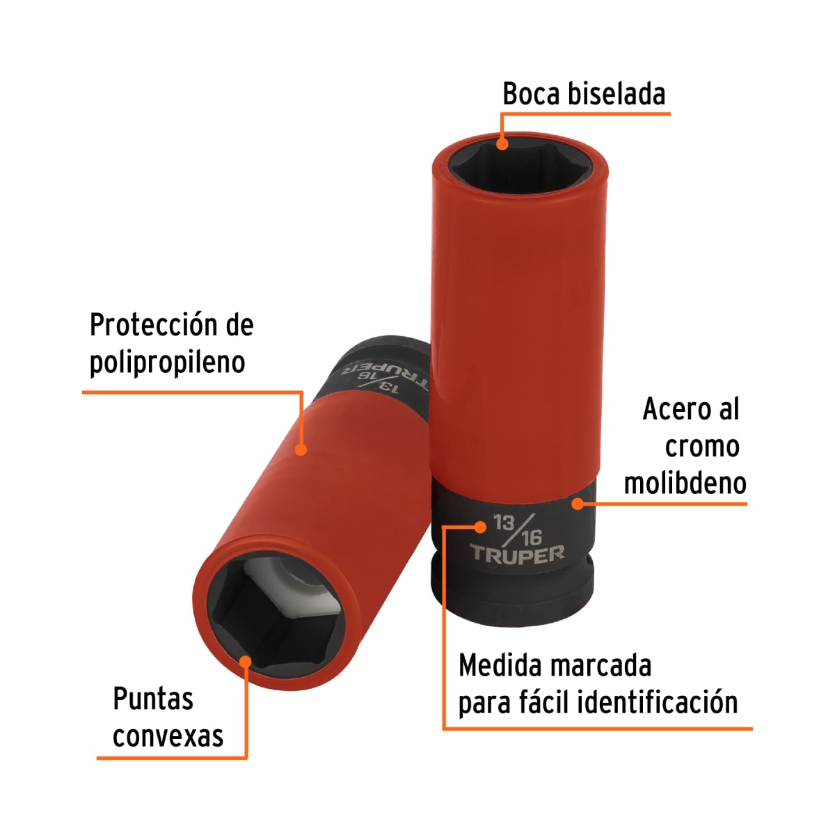 Dado largo impacto, 13/16´´, 6 p, protec plástica,cuadro 1/2´´ Truper2