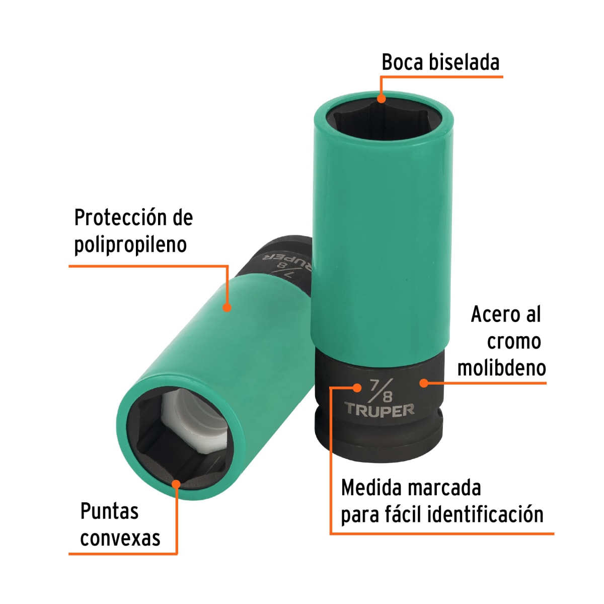 Dado largo impacto, 7/8´´, 6 p, protec plástica, cuadro 1/2´´ Truper2