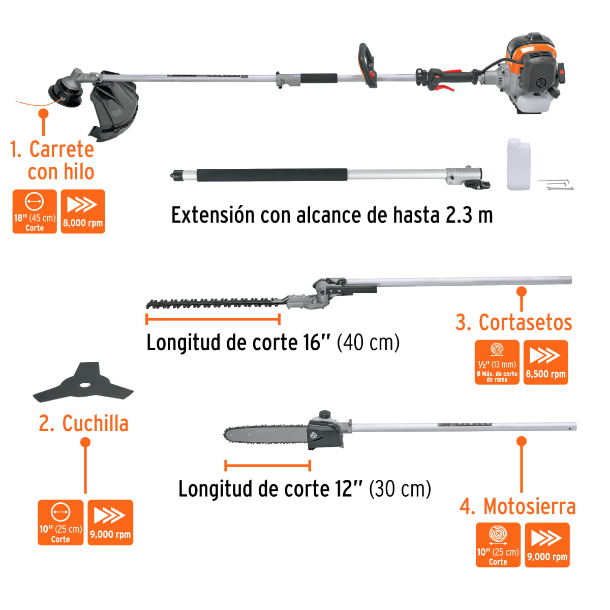 Motoguadaña multifuncional 4 en 1 a gasolina 45 cc Truper4