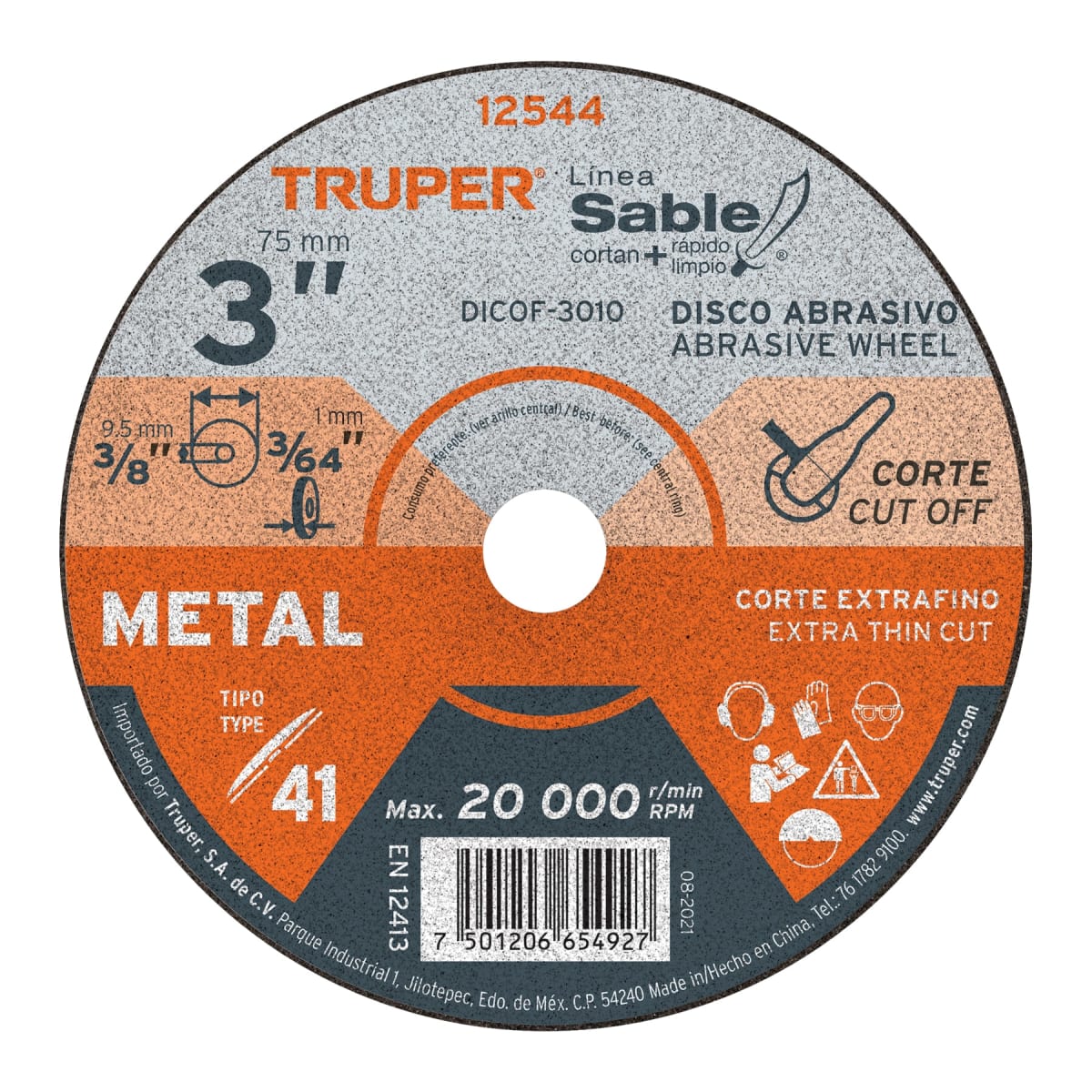 Disco Tipo 41 de 3´´ x 1 mm corte fino de metal, Sable Truper1