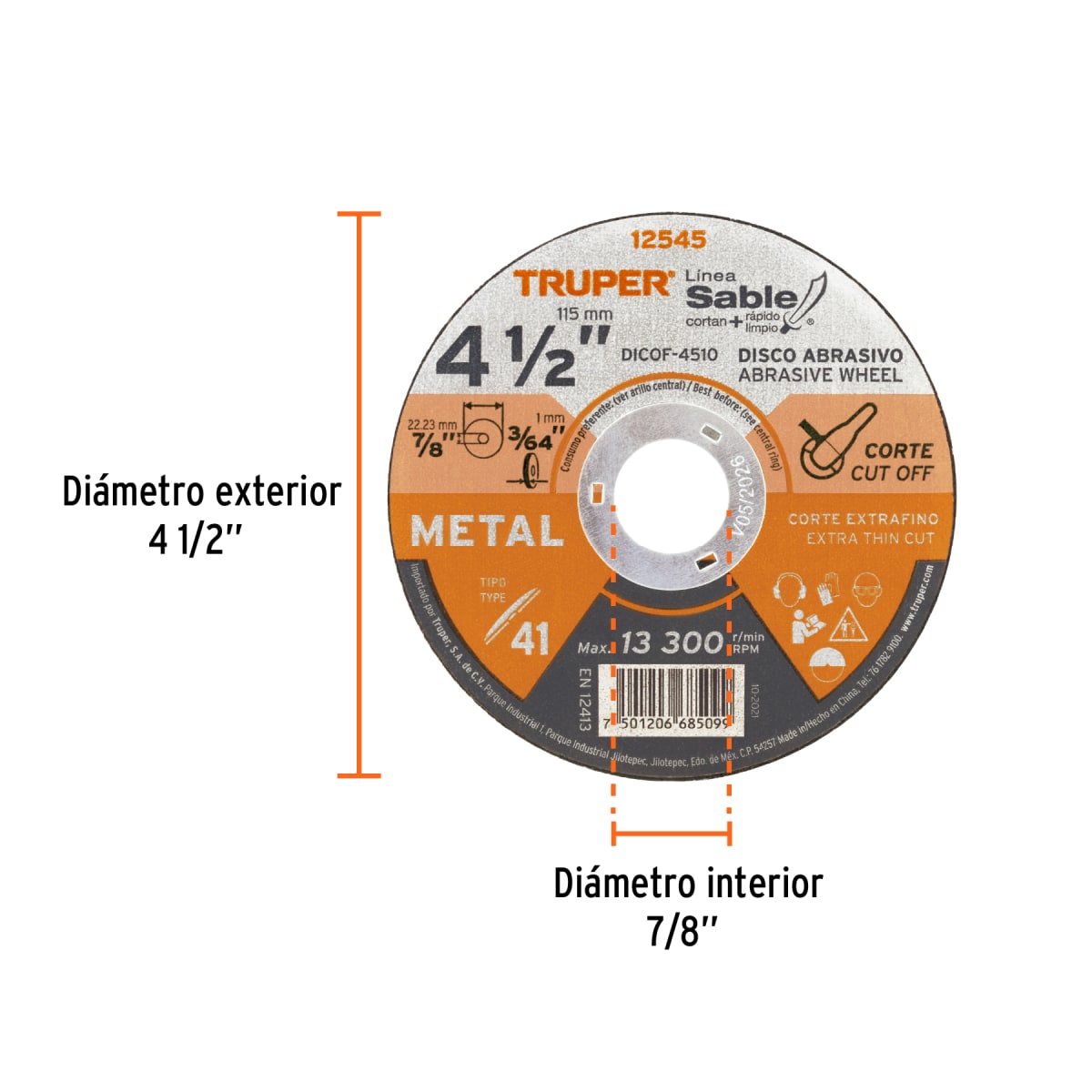 Disco Tipo 41 de 4-1/2´´ x 1 mm corte fino de metal, Sable Truper2