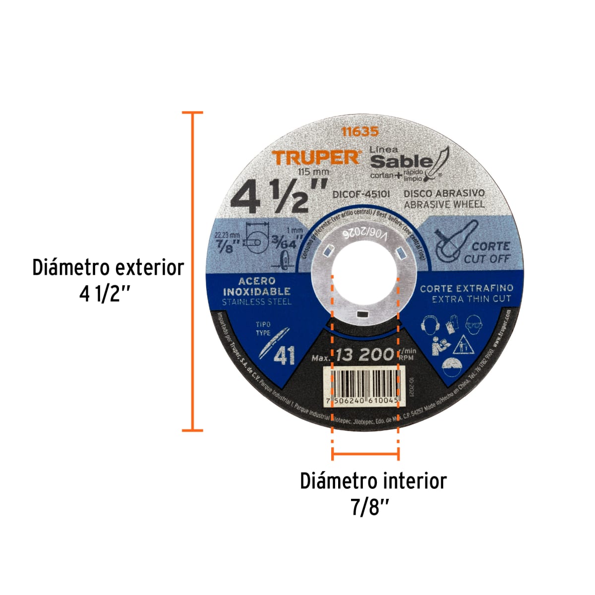 Disco Tipo 41 de 4-1/2'' x 1 mm corte fino acero inox, Sable Truper2