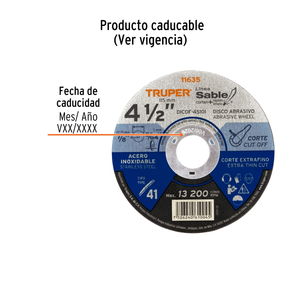 Disco Tipo 41 de 4-1/2'' x 1 mm corte fino acero inox, Sable Truper3