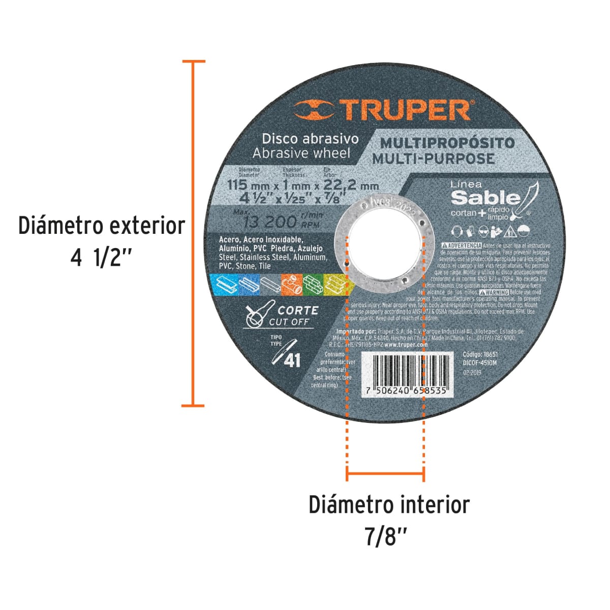 Disco Tipo 41 de 4-1/2´´ x 1 mm corte multimaterial, Sable Truper2