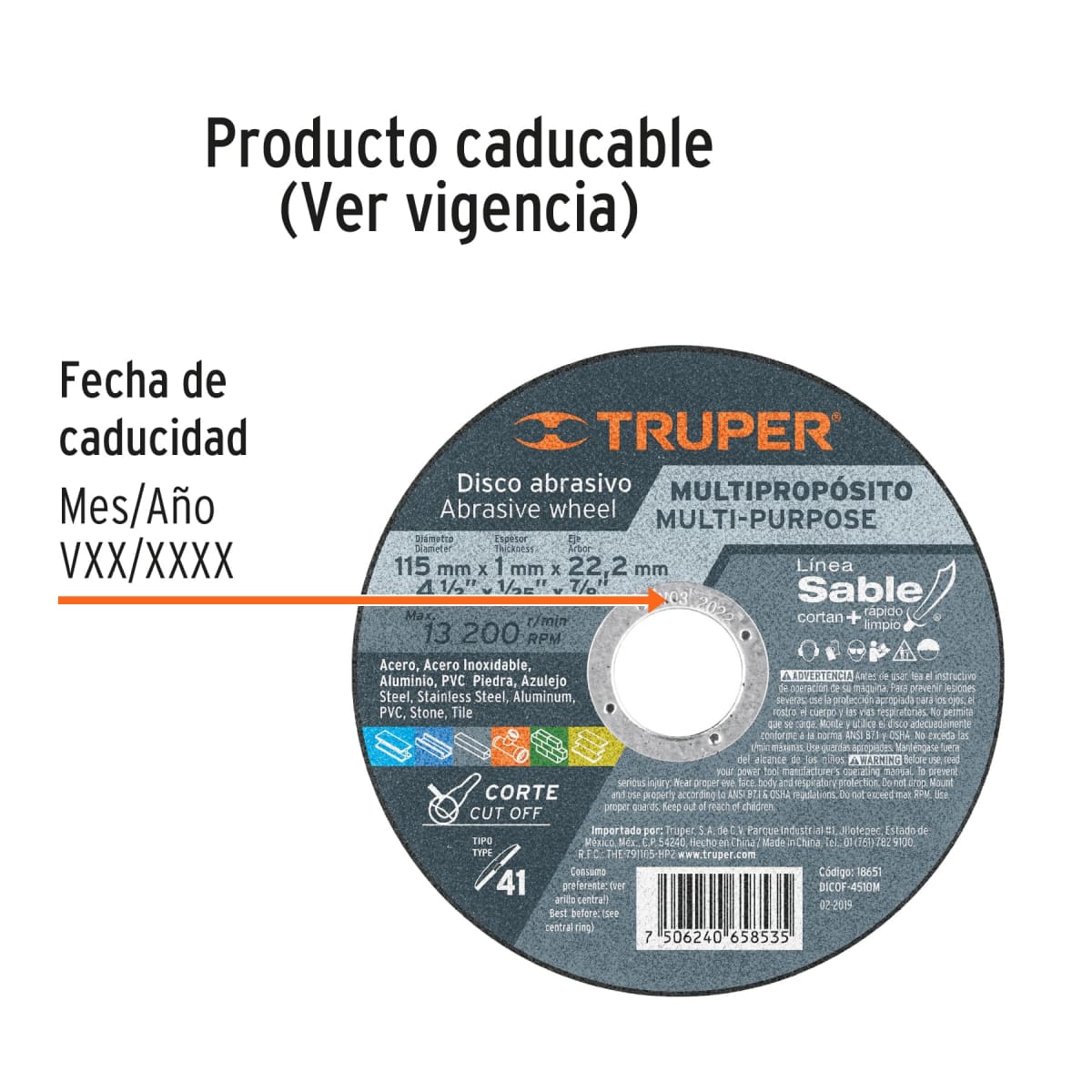 Disco Tipo 41 de 4-1/2´´ x 1 mm corte multimaterial, Sable Truper3