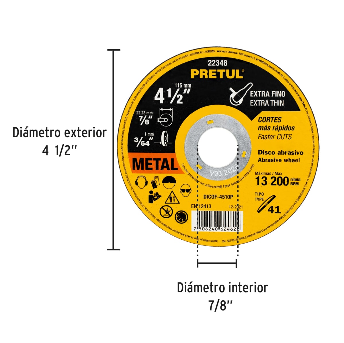 Disco Tipo 41 de 4-1/2´´ x 1 mm corte fino de metal, Pretul3