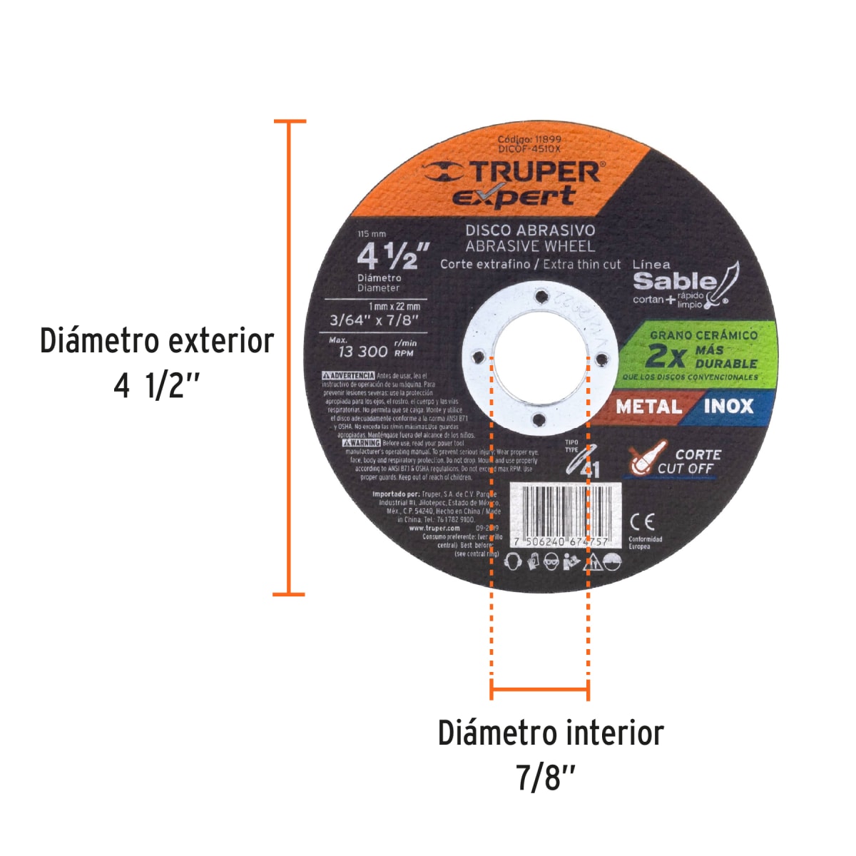 Disco Tipo 41 de 4-1/2'' x 1 mm corte fino de metal, Expert Truper2