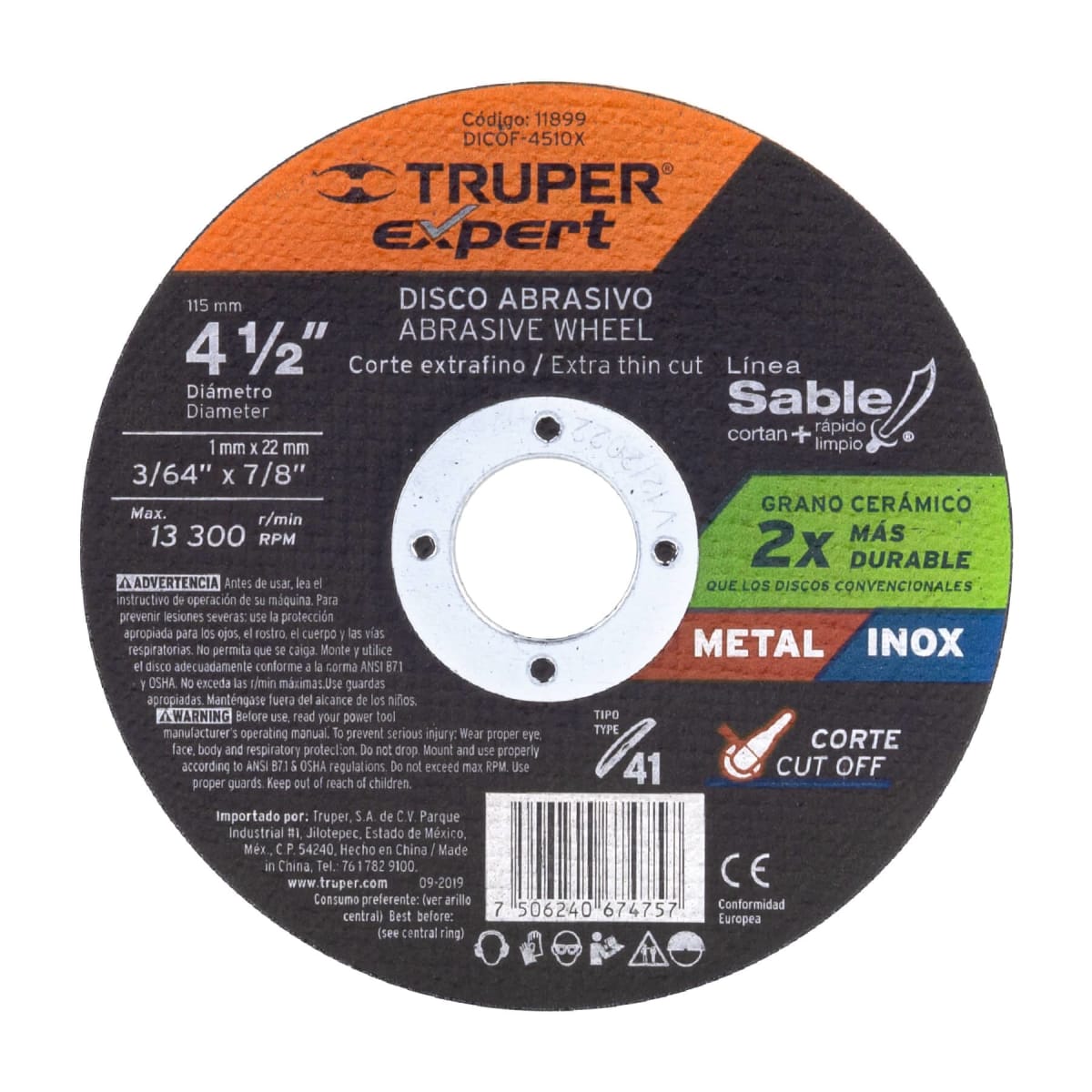 Disco Tipo 41 de 4-1/2'' x 1 mm corte fino de metal, Expert Truper1