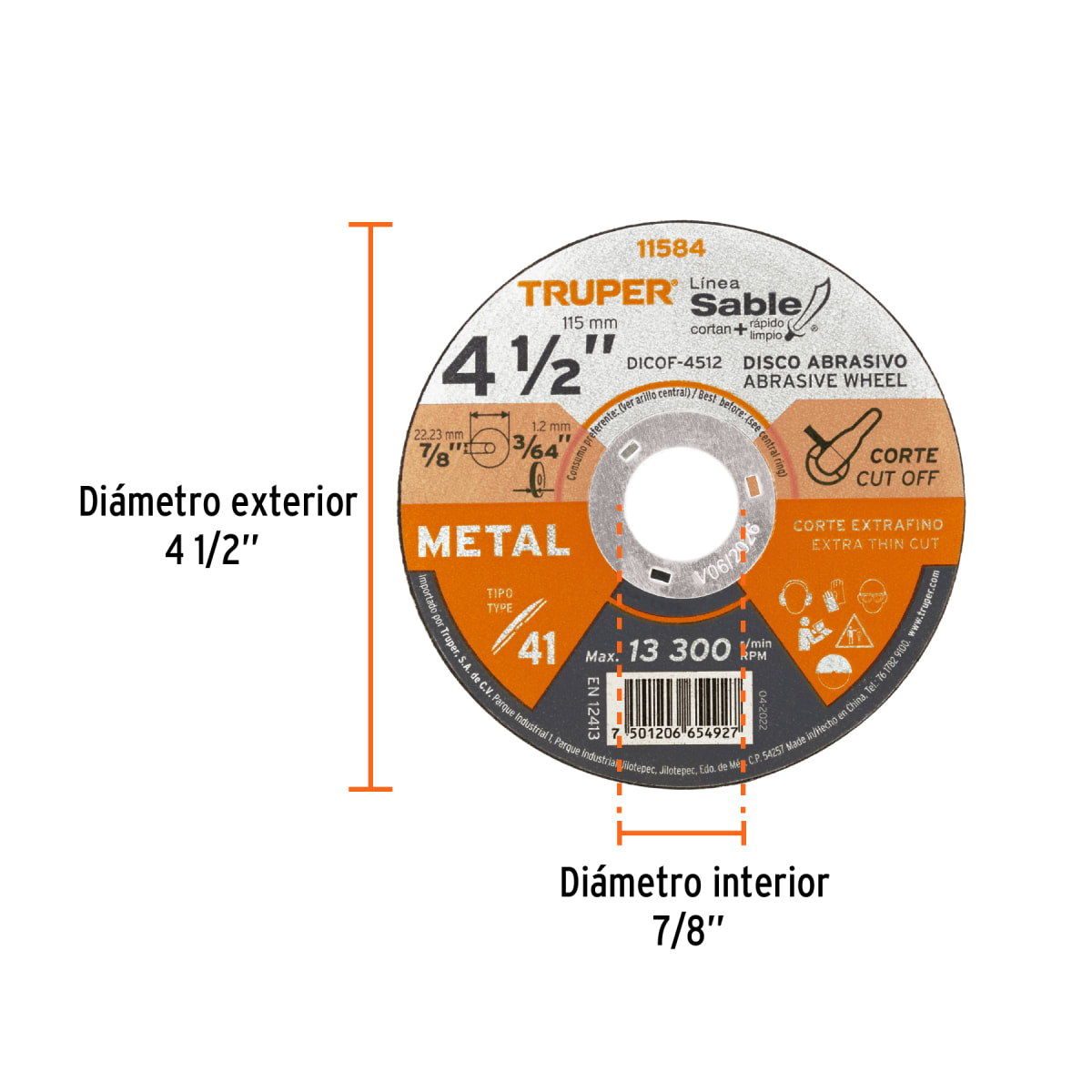 Disco Tipo 41 de 4-1/2´´ x 1.2 mm corte fino de metal, Sable Truper2