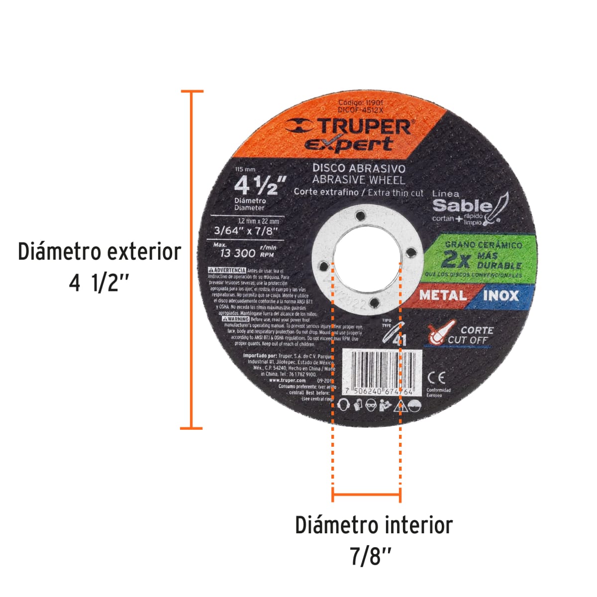 Disco de 4-1/2'' x 1.2 mm corte fino de metal Truper Expert2