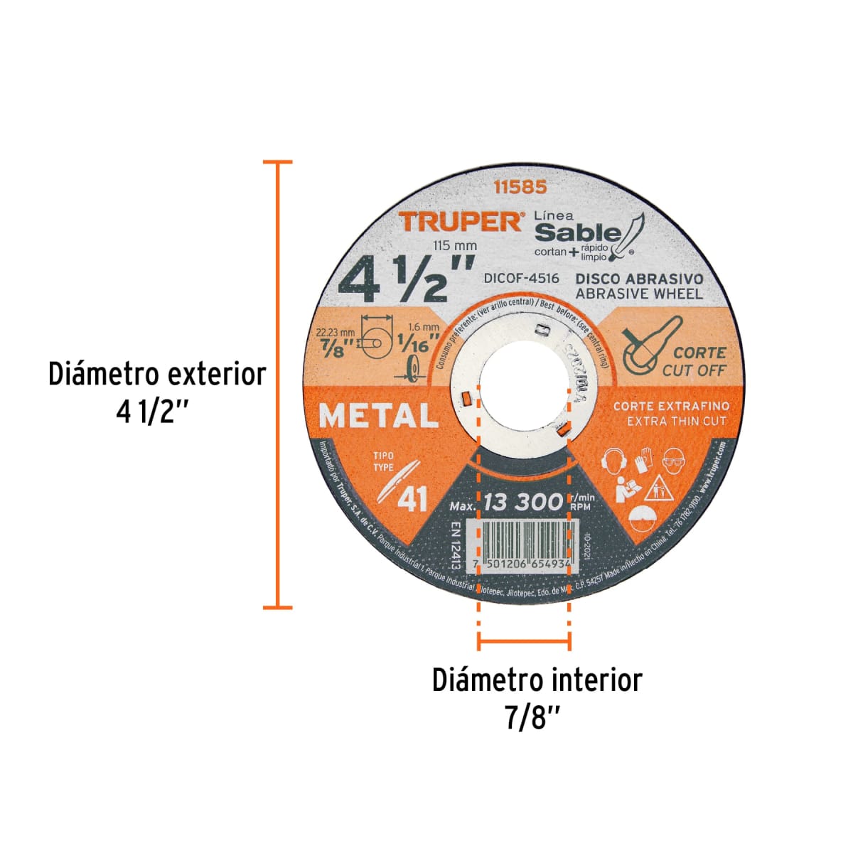 Disco Tipo 41 de 4-1/2'' x 1.6 mm corte fino de metal, Sable Truper2