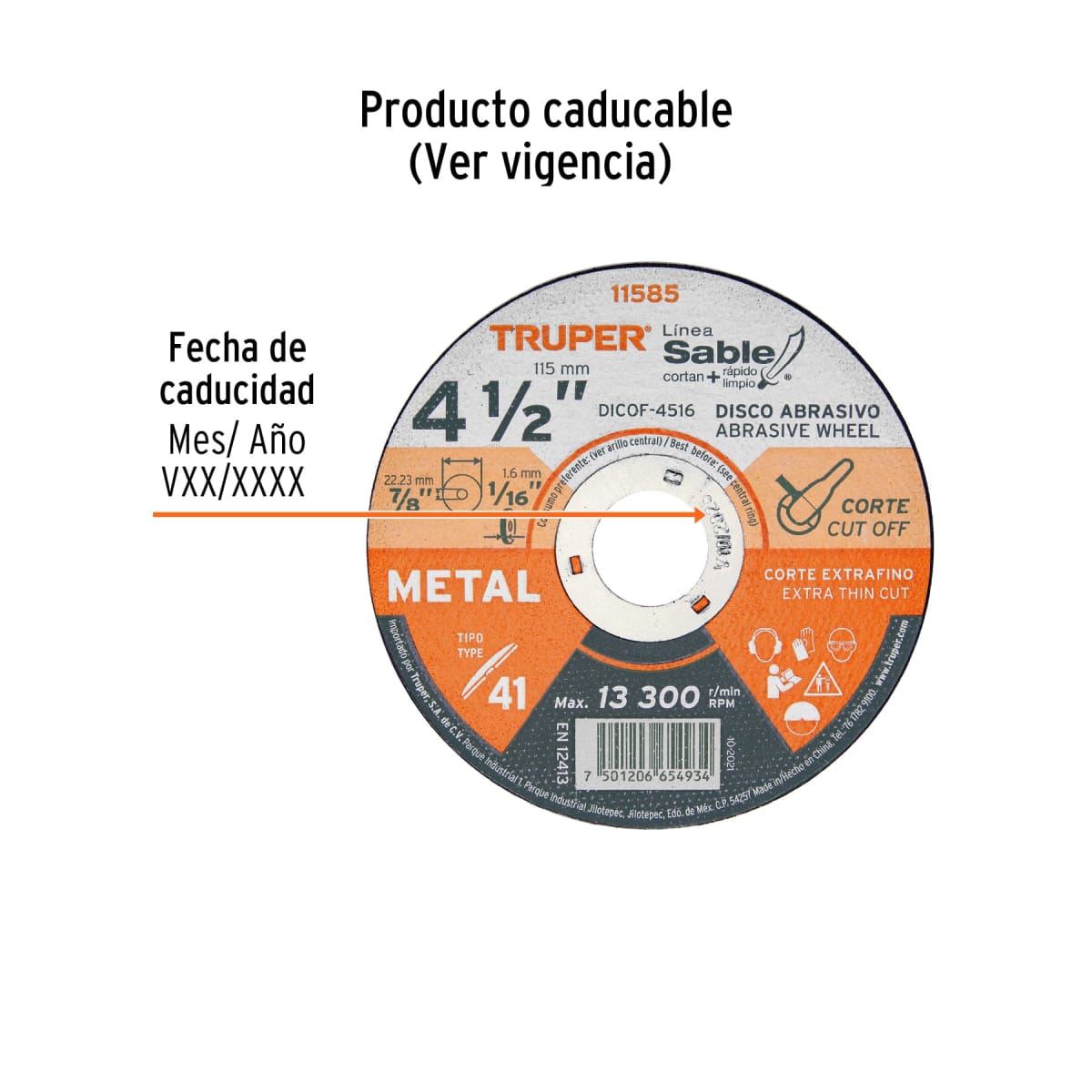 Disco Tipo 41 de 4-1/2'' x 1.6 mm corte fino de metal, Sable Truper3