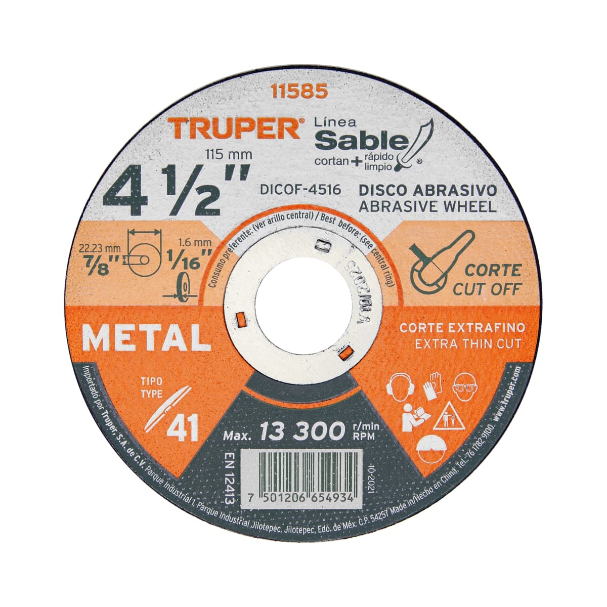 Disco Tipo 41 de 4-1/2'' x 1.6 mm corte fino de metal, Sable Truper1