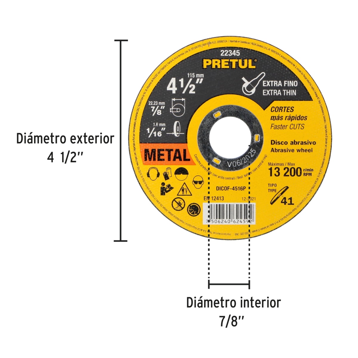 Disco Tipo 41 de 4-1/2´´ x 1.6 mm corte fino de metal, Pretul2