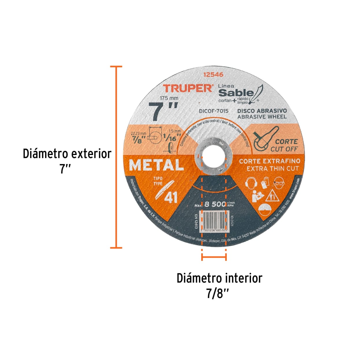 Disco tipo 41 de 7'' x 1.5 mm corte fino de metal. sable Truper2
