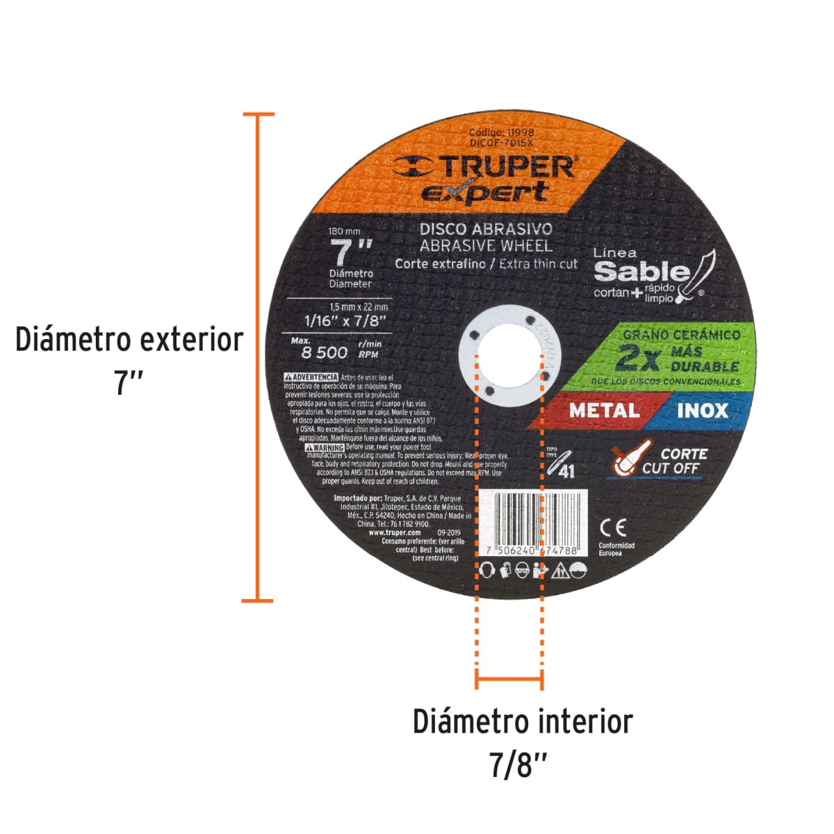 Disco Tipo 41 de 7'' x 1.5 mm corte fino de metal, Expert Truper2