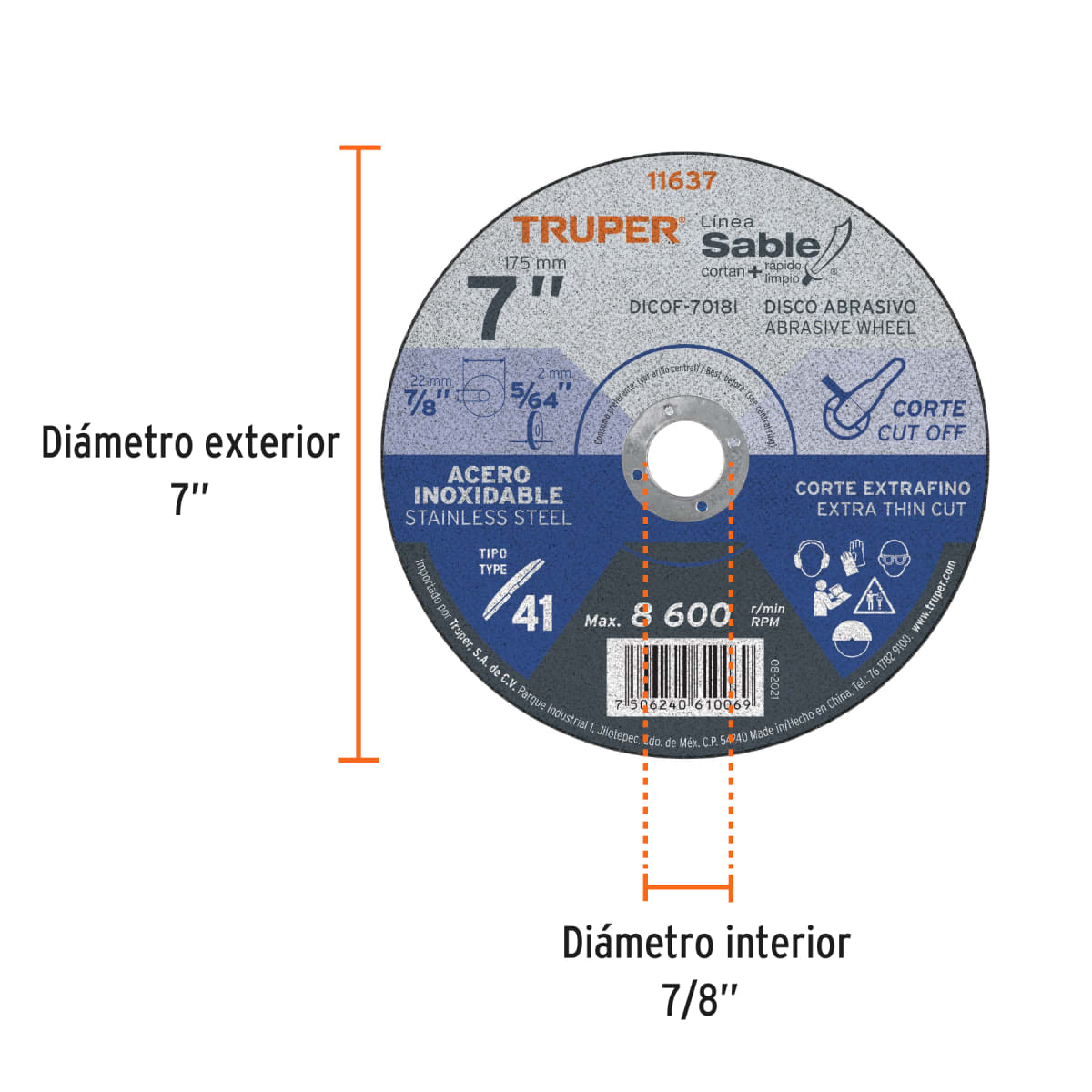 Disco Tipo 41 de 7'' x 1.8 mm corte fino acero inox, Sable Truper2