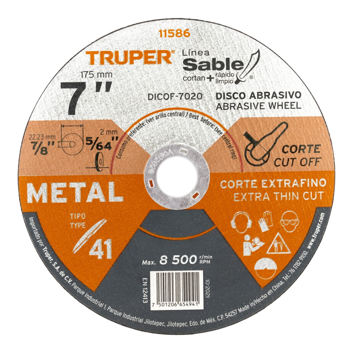 Disco Tipo 41 de 7´´ x 2 mm corte fino de metal, Sable Truper1