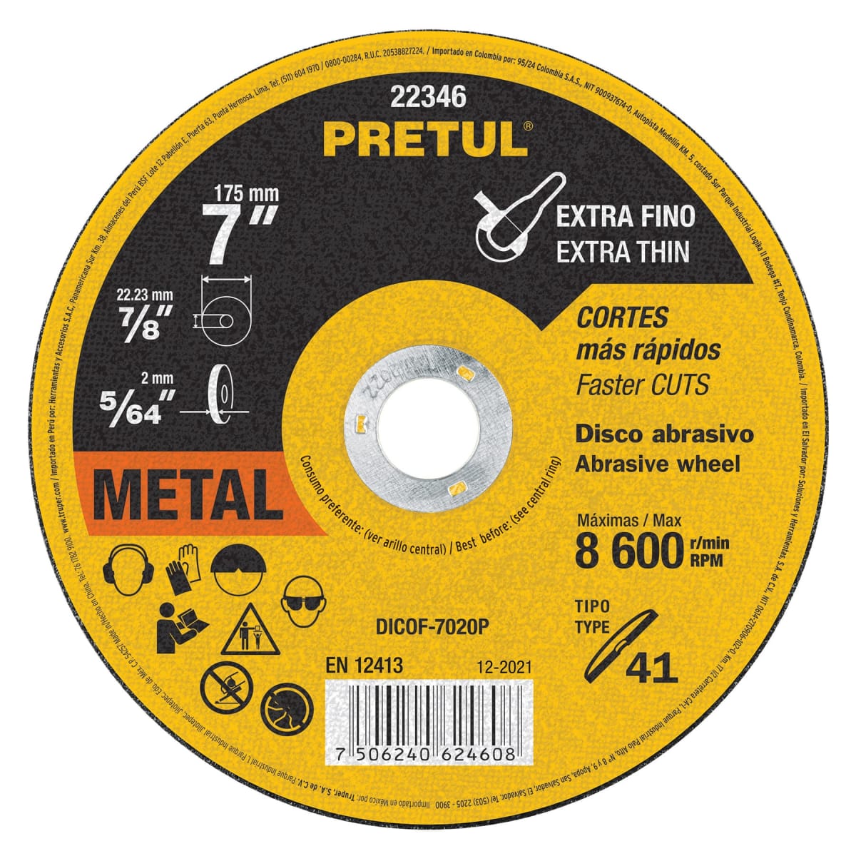 Disco Tipo 41 de 7´´ x 2 mm corte fino de metal, Pretul1