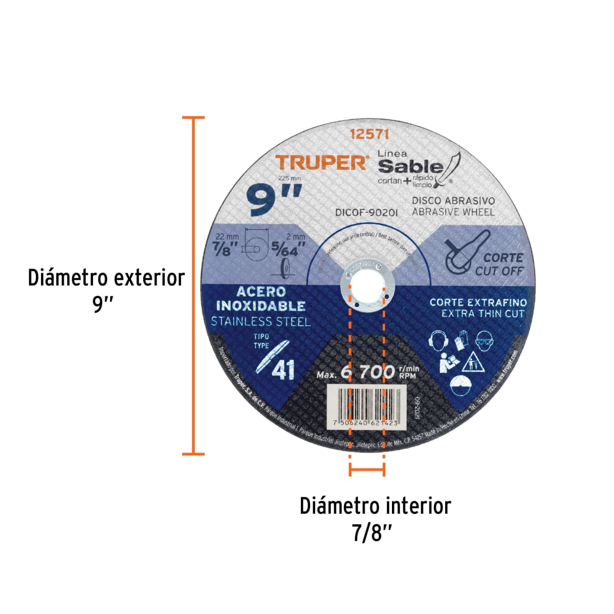 Disco Tipo 41 de 9´´ x 2 mm corte fino acero inox, Sable Truper2