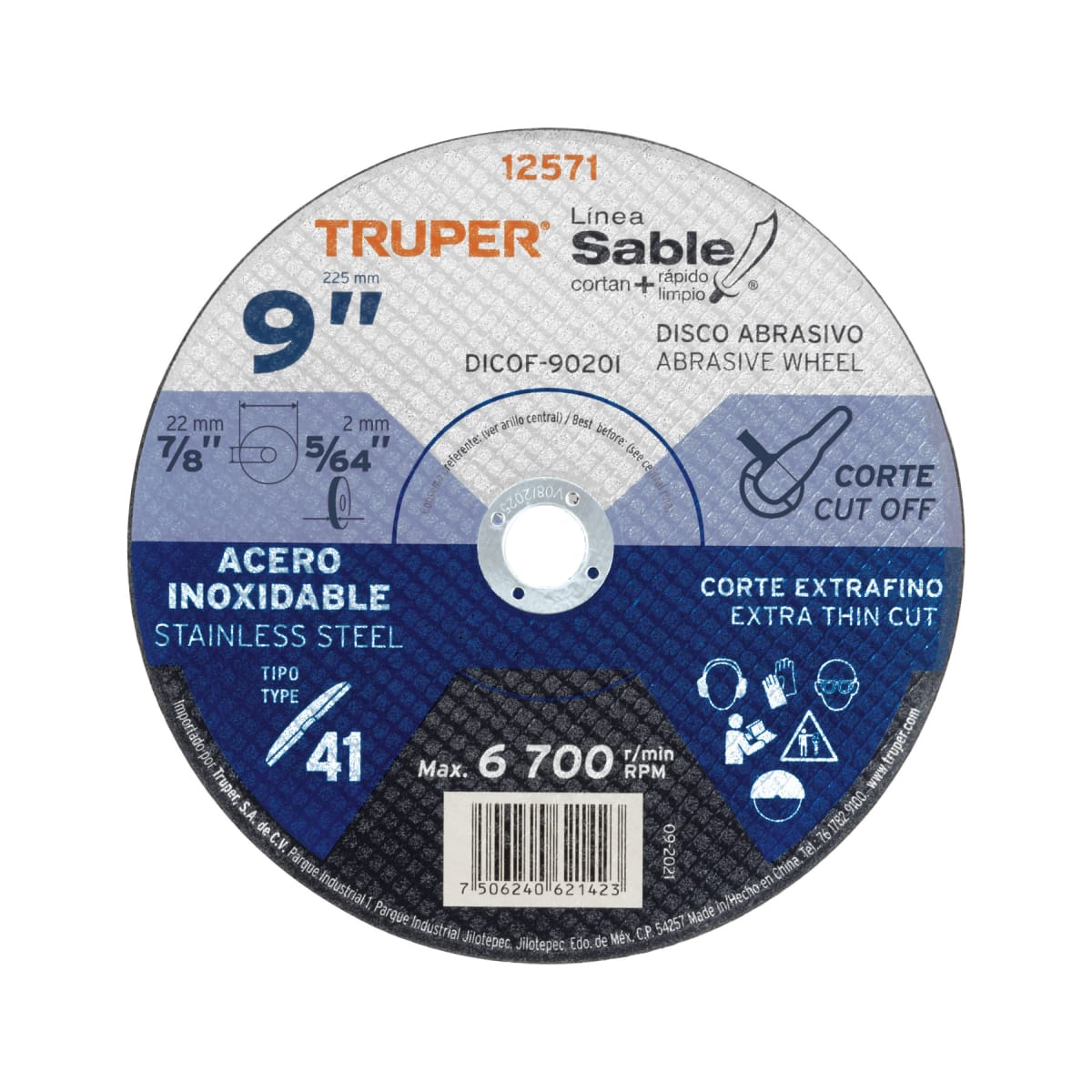Disco Tipo 41 de 9´´ x 2 mm corte fino acero inox, Sable Truper1