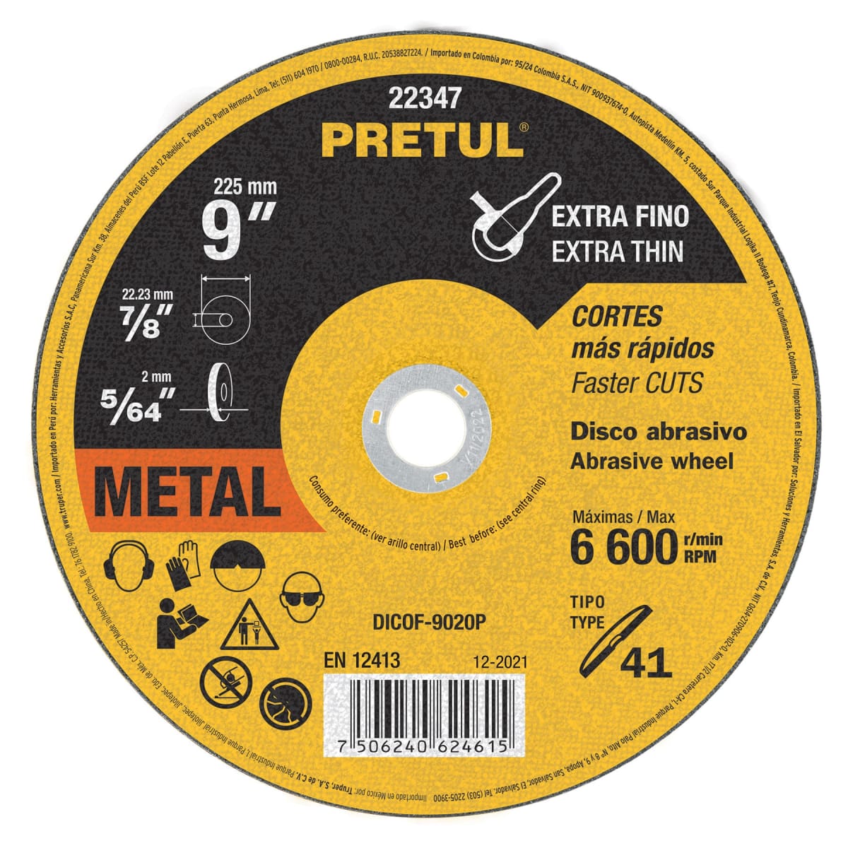 Disco Tipo 41 de 9´´ x 2 mm corte fino de metal, Pretul1