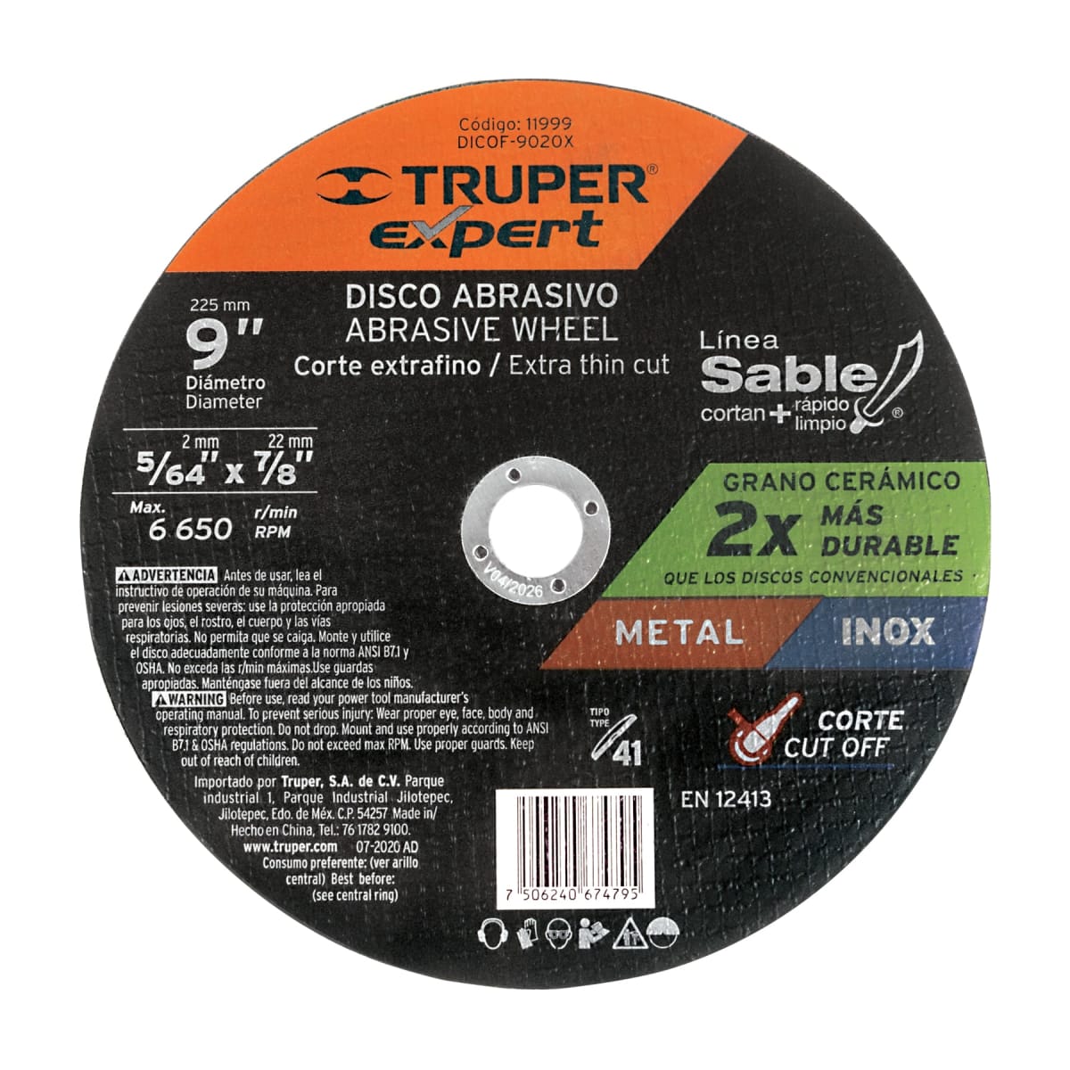 Disco Tipo 41 de 9´´ x 2 mm corte fino de metal, Expert Truper1