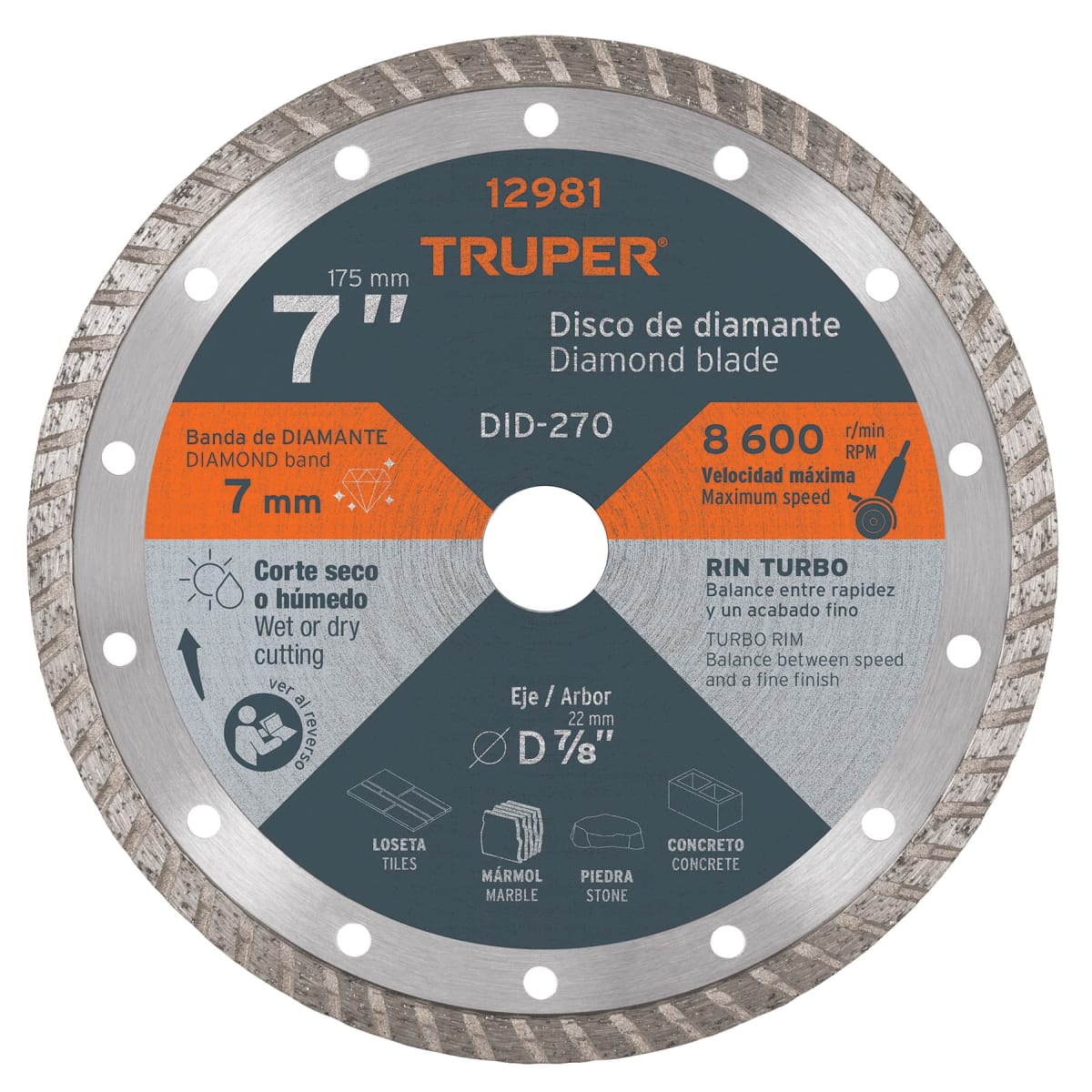 Disco diamantado de 7´´ x 2.8 mm rin turbo, Truper1