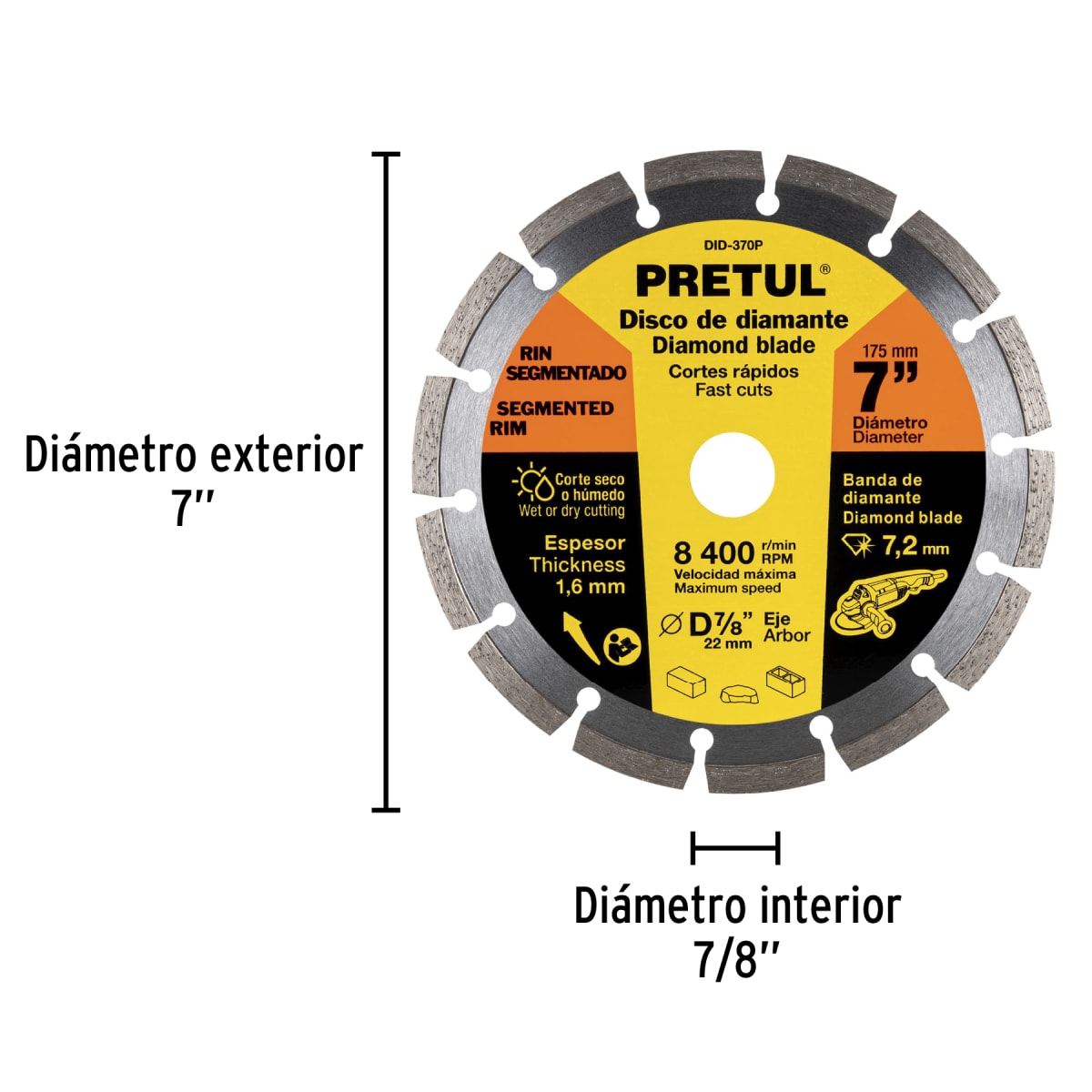 Disco diamantado de 7´´ x 1.6 mm rin segmentado, Pretul3