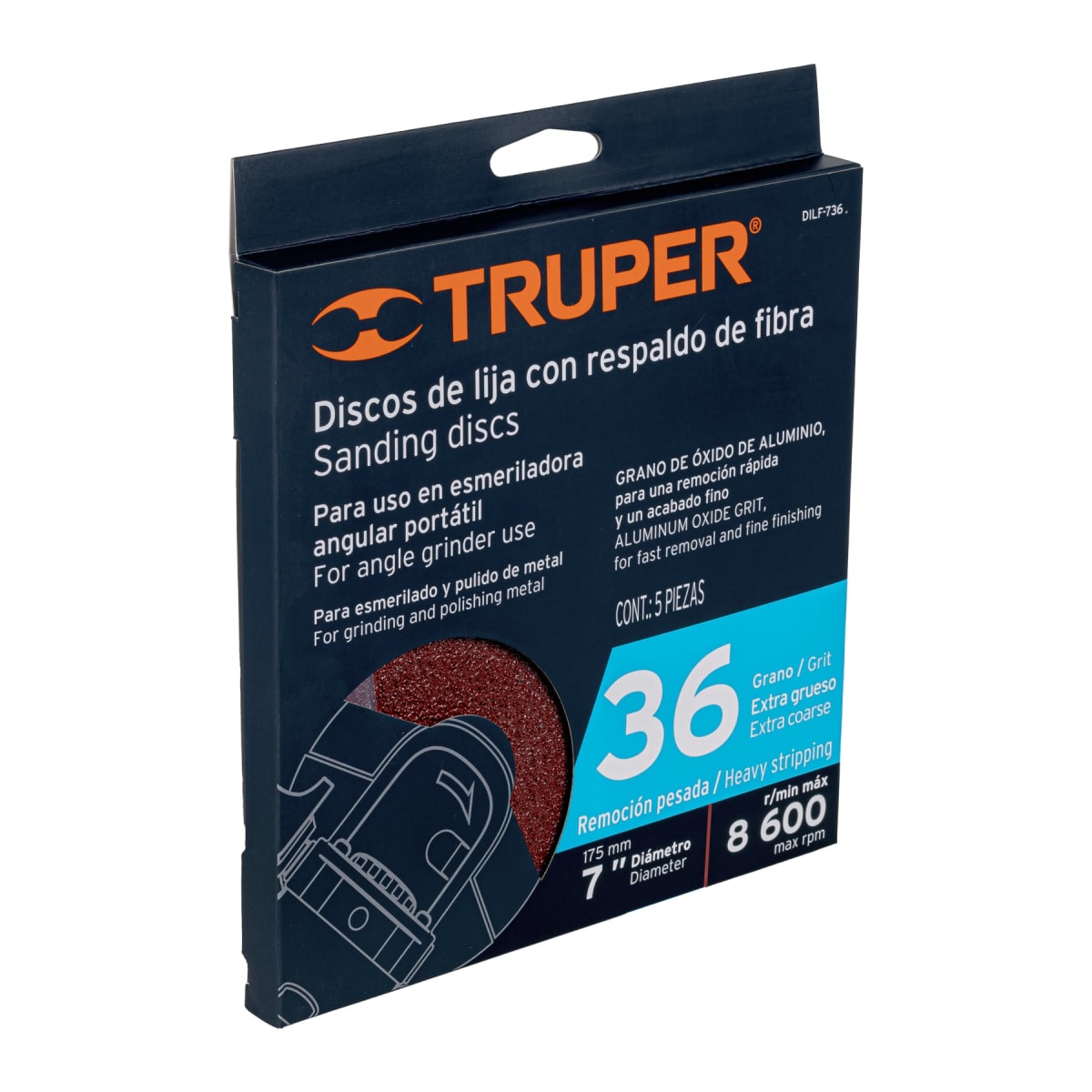 Disco de lija de 7´´ con respaldo de fibra, grano 36, Truper3