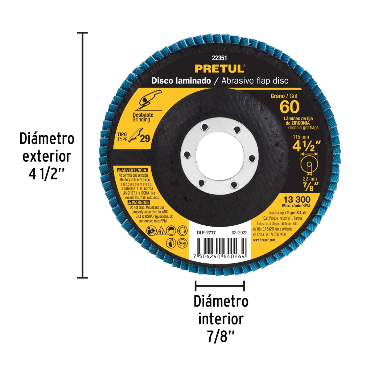 Disco flap 4-1/2´´ grano 60 centro 7/8´´, Pretul4