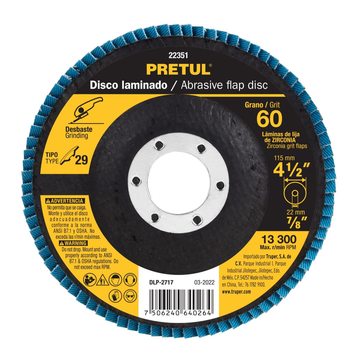 Disco flap 4-1/2´´ grano 60 centro 7/8´´, Pretul1