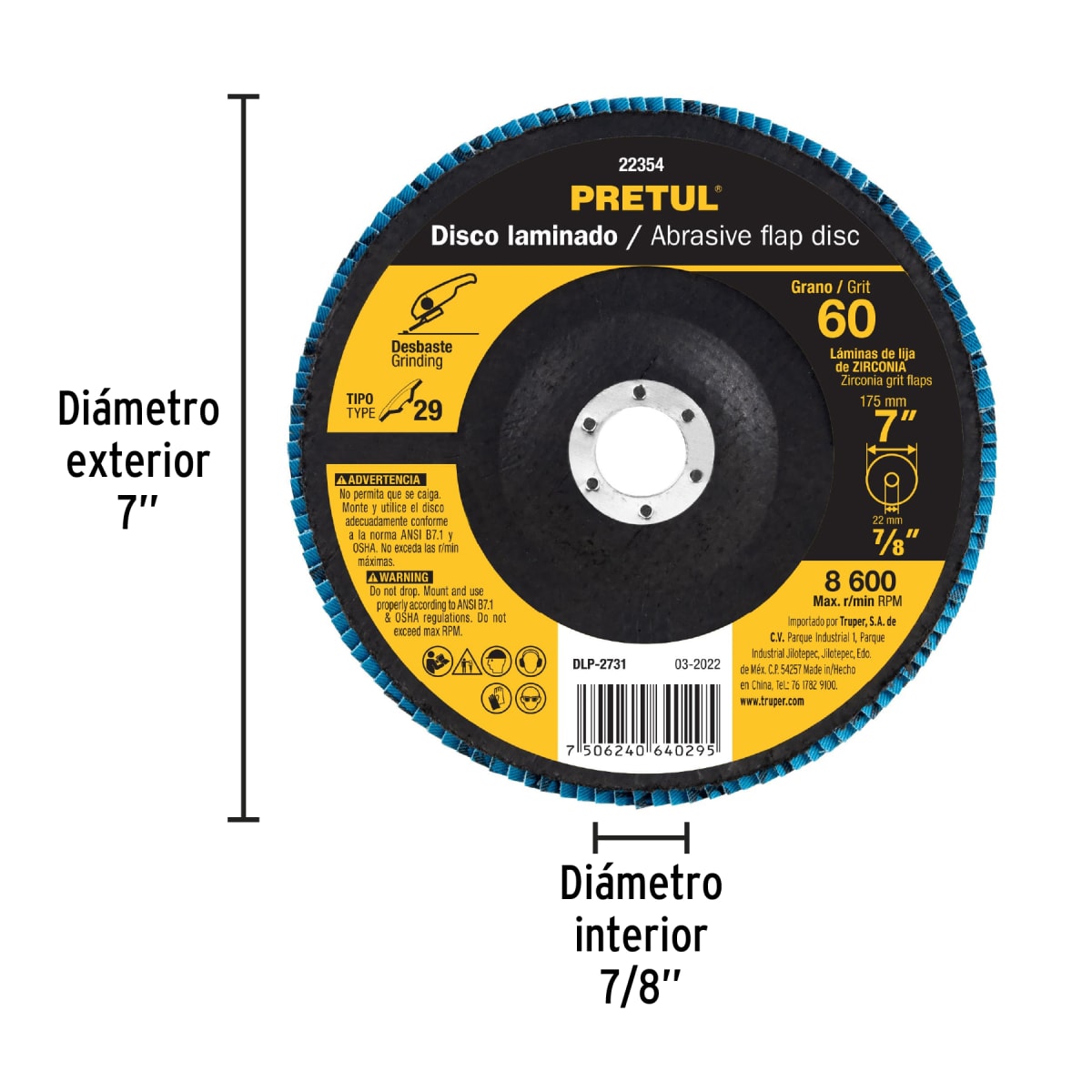 Disco flap 7´´ grano 60 centro 7/8´´, Pretul4