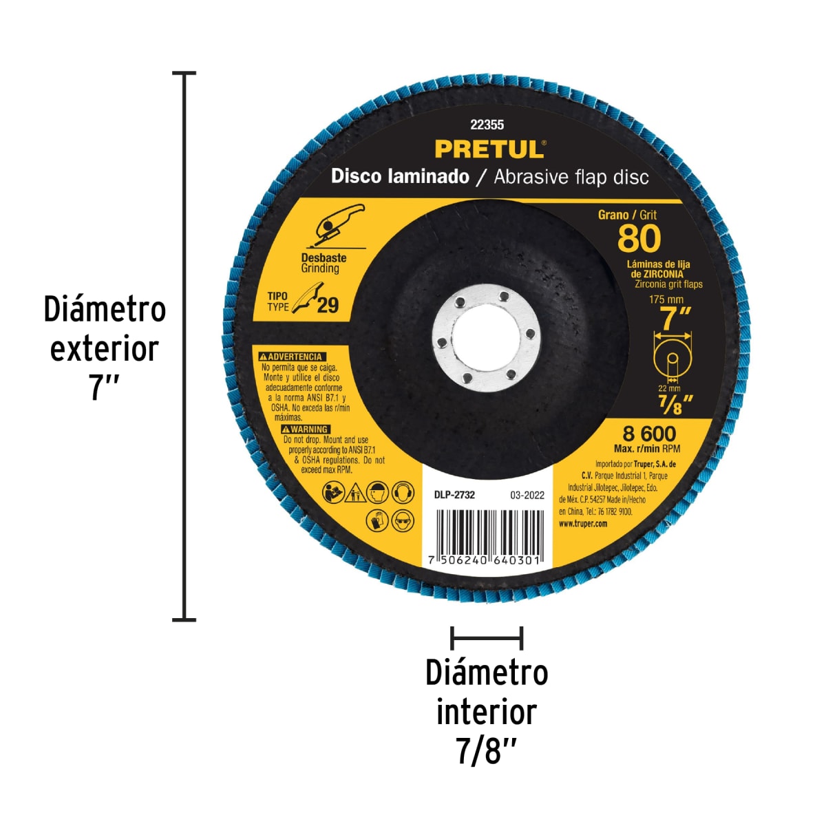 Disco flap 7´´ grano 80 centro 7/8´´, Pretul4