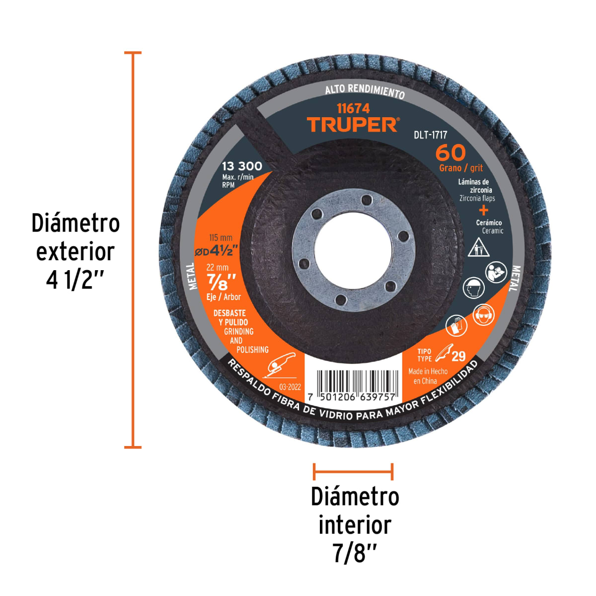 Disco flap 4-1/2'' grano 60 centro 7/8'' Truper3