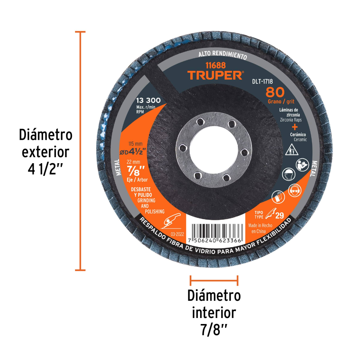 Disco flap 4-1/2'' grano 80 centro 7/8''. truper3