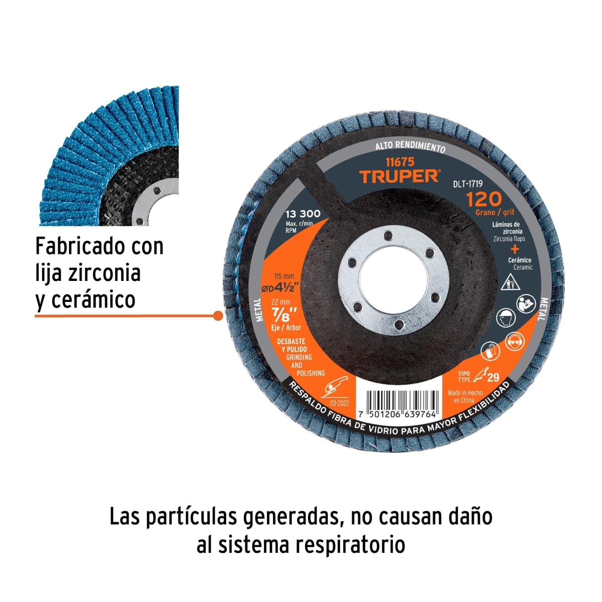 Disco flap 4-1/2´´ grano 120 centro 7/8´´, Truper2