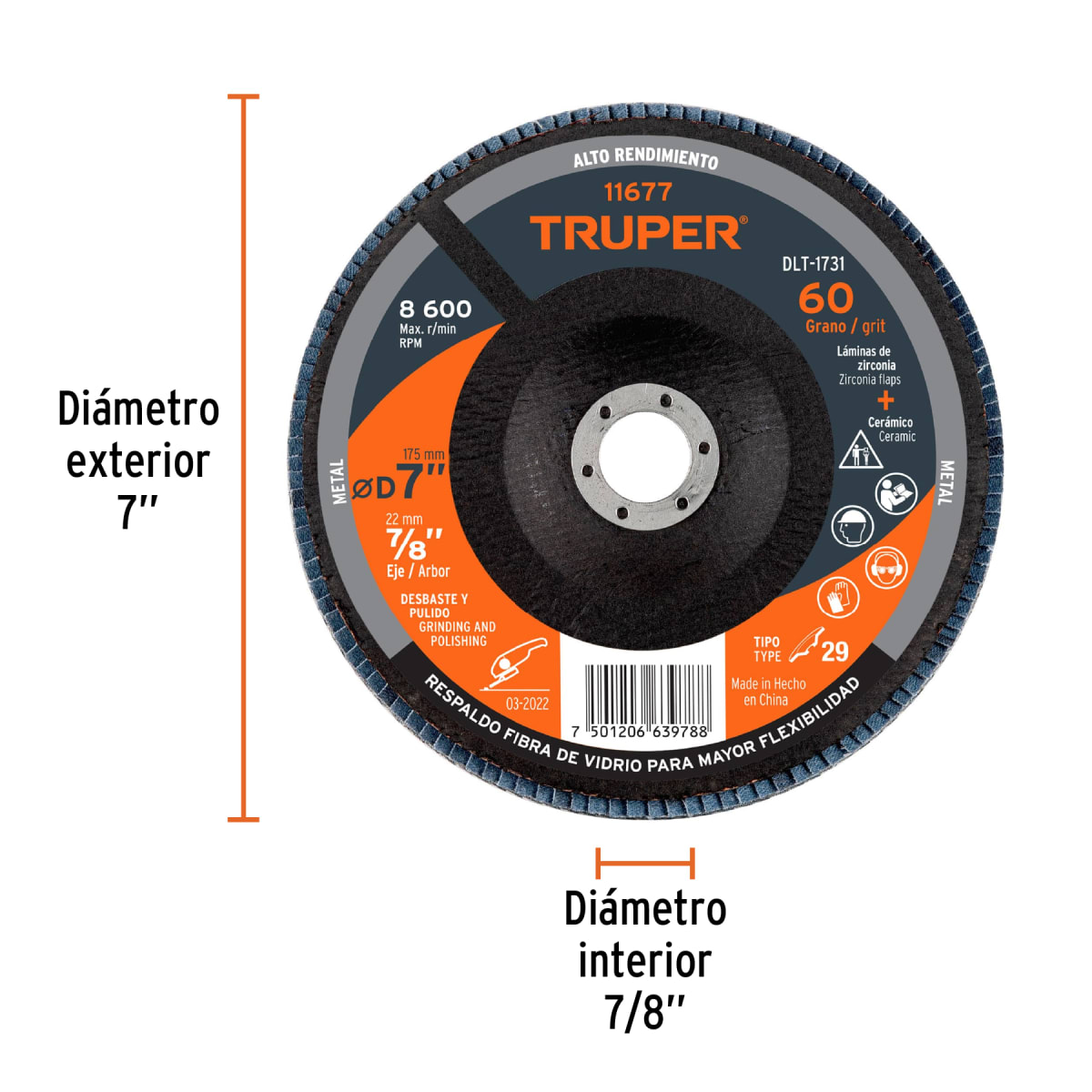 Disco flap 7'' grano 60 centro 7/8''. truper3