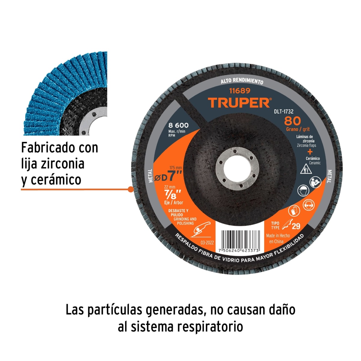 Disco flap 7'' grano 80 centro 7/8''. truper2