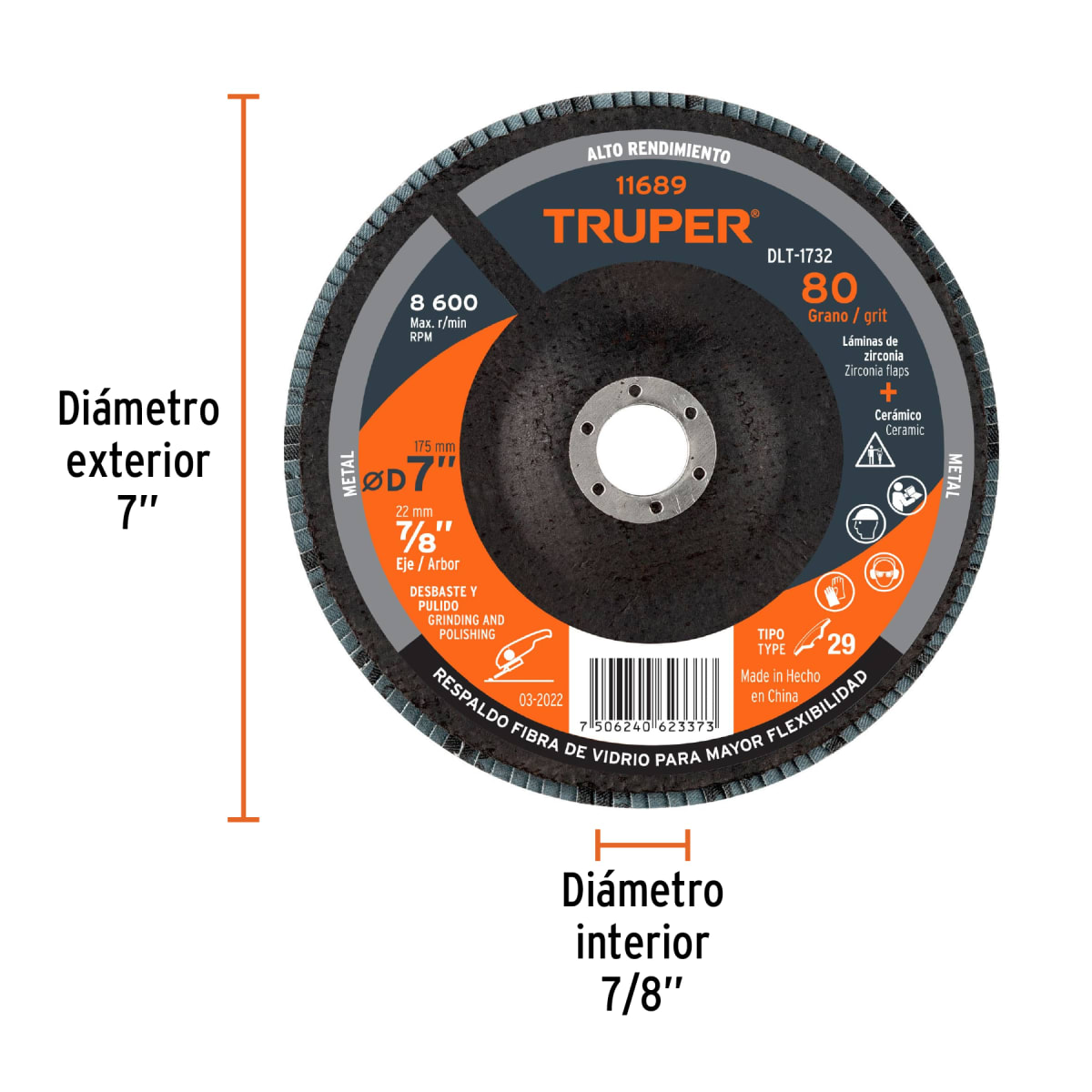 Disco flap 7'' grano 80 centro 7/8''. truper3