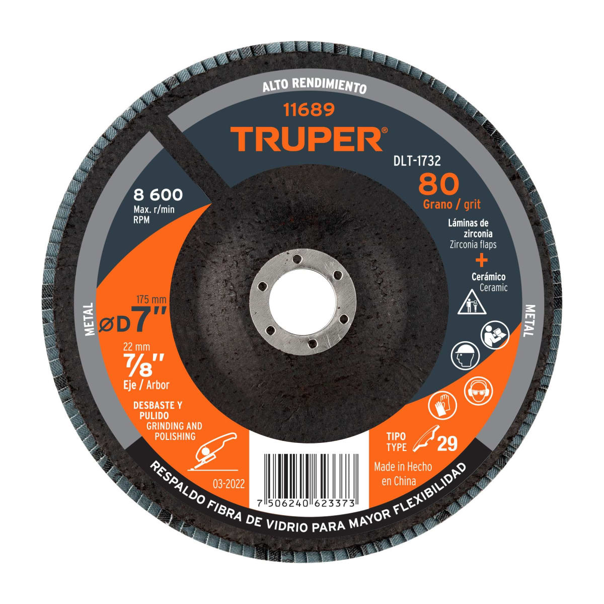 Disco flap 7'' grano 80 centro 7/8''. truper1
