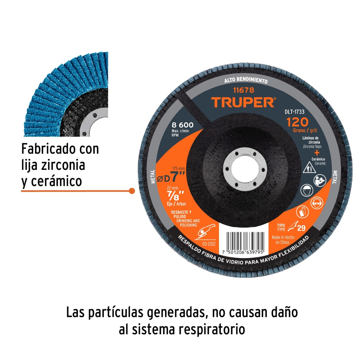 Disco flap 7´´ grano 120 centro 7/8´´, Truper2